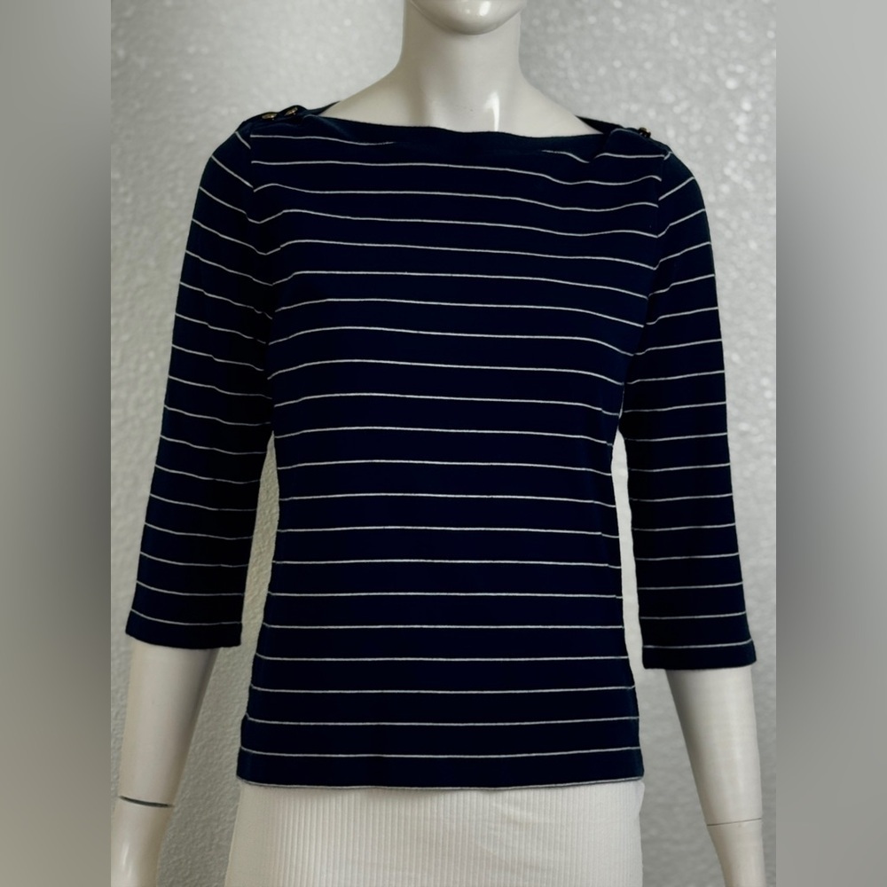 Ralph Lauren Vintage 100% Cotton Navy White Striped Long Sleeve Top Sz Medium